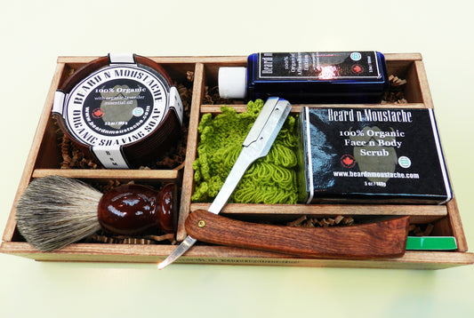 Men's Organic Barber Set in Wooden Box – Classic Shaving Kit for Men - Beard n Moustache