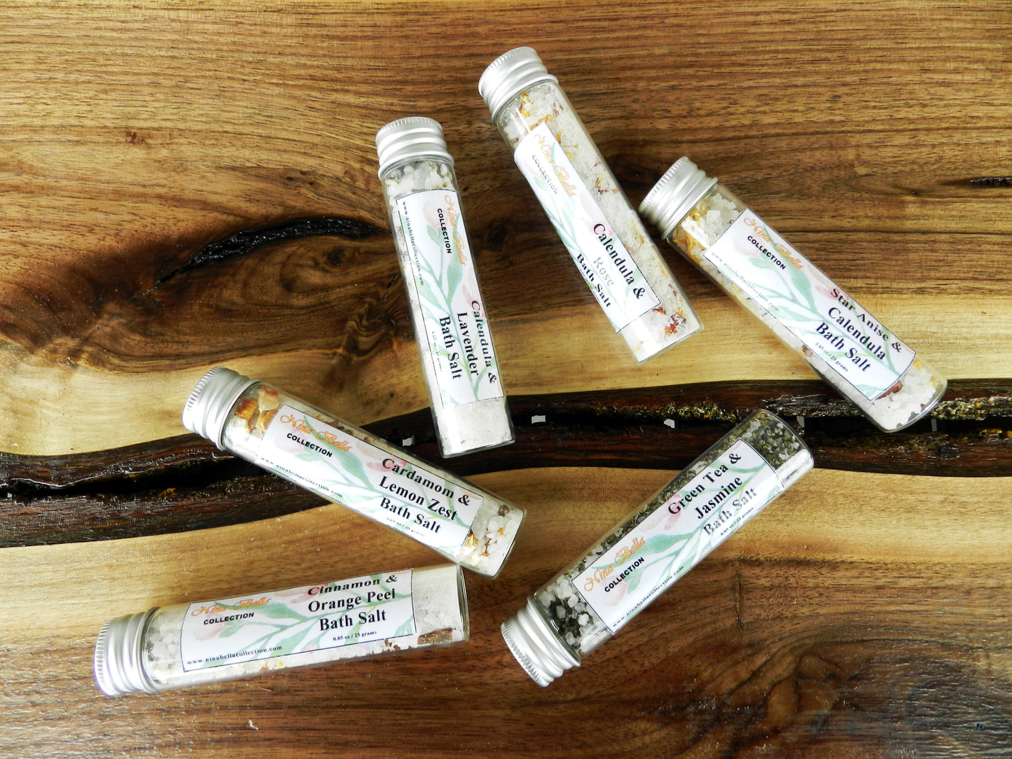 Lot de 6 tubes de sel de bain en verre avec huiles essentielles biologiques